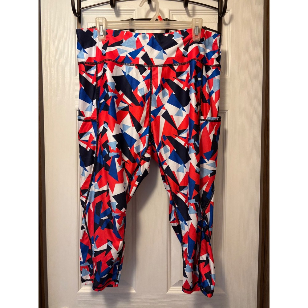 Athletic Geometric Print Cropped Leggings Red White Blue Pockets Yoga Pants